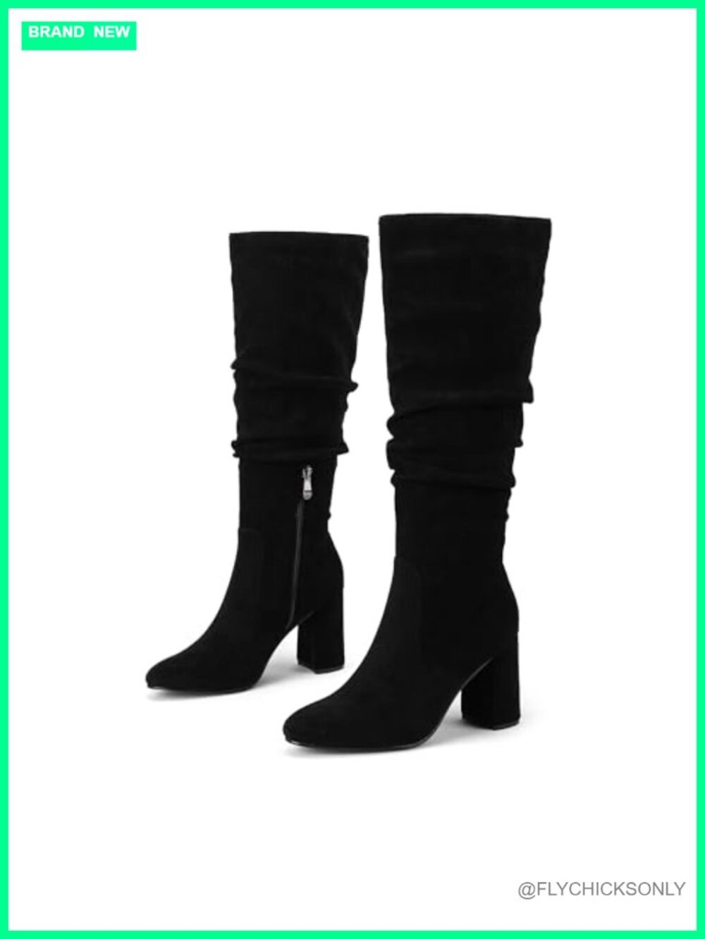 Knee High Boots Pointed Toe Faux Suede Slouchy Block Heel